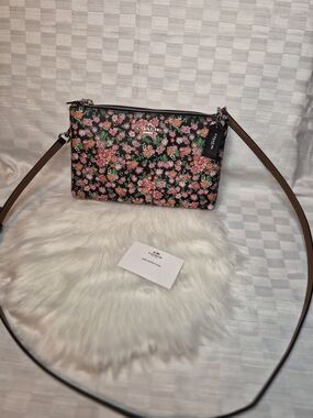 Coach Black Floral Crossbody Bag with Pink & Green Accents